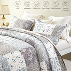 Whale Flotilla Patchwork Quilt Twin Size, Extra Soft Boho Floral Bedspreads for Bed Reversible Lightweight Twin Quilt Bedding Set Printed Coverlets with 1 Pillow Sham for All Seasons, Grey