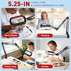 HITTI 12X Square Magnifying Glass with Light and Clamp, Ultra Long LED Desk Lamp with 5 Colors & Stepless Dimming | Hands-Free Workbench Lighted Magnifier Stand for Crafting, Repair,Painting- Red