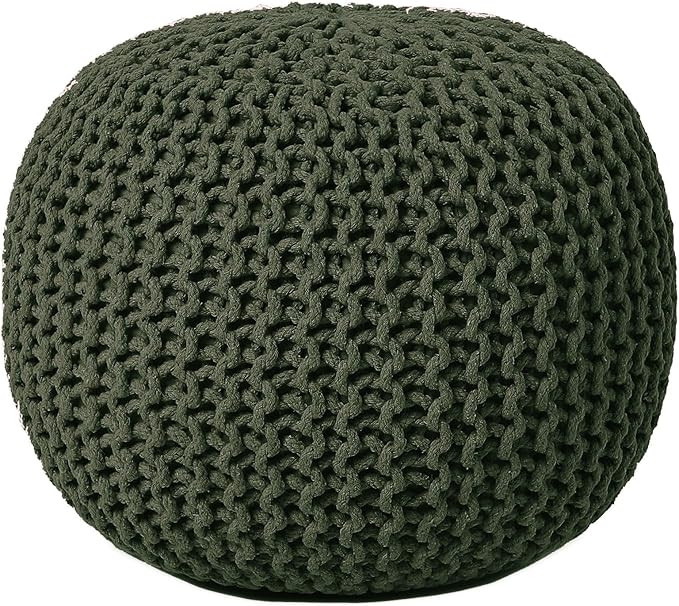 REDEARTH · Round Hand Knitted Pouf - Foot Stool Bean Bag Ottoman - Cord Boho Pouffe - Poof Accent Beanbag Footrest for Living Room - Bedroom - Patio - Lounge (19.5"x19.5"x14") - Olive, Set of 2