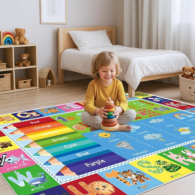 Baby Play Mat, ABC Rug for Kids Playroom, Non Slip Washable Toddler Floor Mat, Alphabet Numbers Colors Weather Learning Classroom Rug for Nursery or Preschool, 3x5 ft