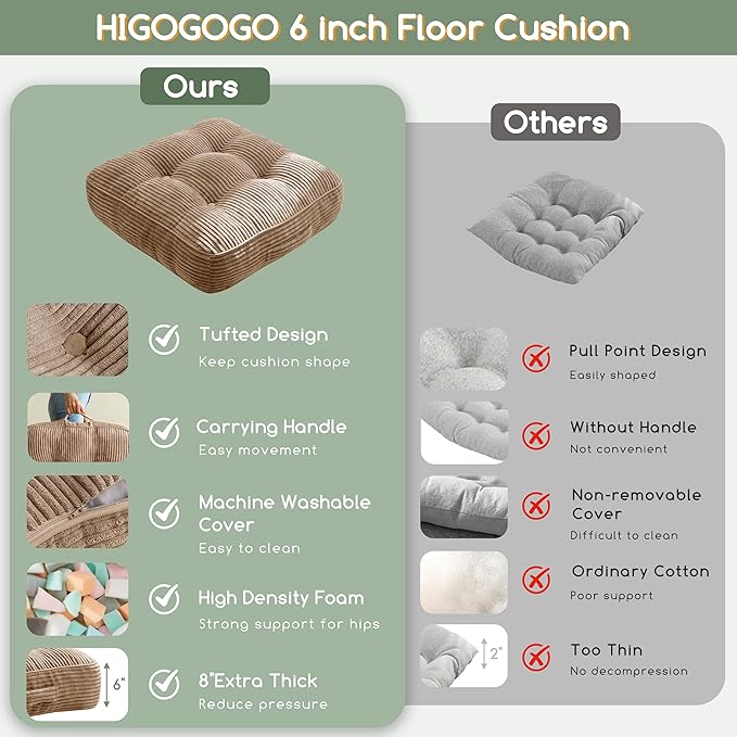6" Washable Floor Pillow Cushion for Adults, Meditation Cushion Pillow, Large Square Floor Sitting, Removable Tufted Corduroy Cover, for Tatami Living Room or Yoga, 22x22 Inch, 2Pack, Machine Washable