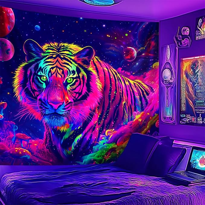 NYZE Tiger Space Tapestry for Bedroom, Glow in the Dark Room Decor Wall Tapestries, Cool Galaxy Planet Wall Hanging, Wall Hanging for Gamer Room Dorm Living Room 59in×51in