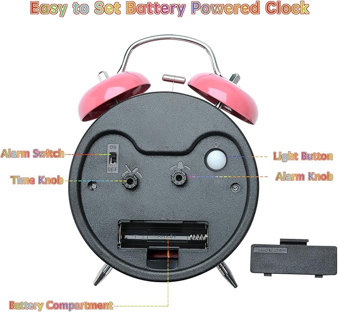 Peakeep Loud Analog Alarm Clock for Kids Learning Telling Time Teaching, 4.5" Twin Bell Alarm Clock Battery Operated for Heavy Sleepers Adults Teenagers Kids