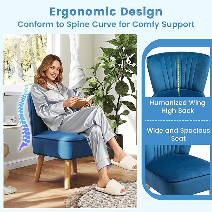KOMFOTT Velvet Accent Chair, Modern Armless Sofa Chair with Solid Rubber Wood Legs, Wingback Leisure Chair with Thick Cushion, Upholstered Side Chair for Living Room, Bedroom, Blue
