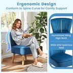 KOMFOTT Velvet Accent Chair, Modern Armless Sofa Chair with Solid Rubber Wood Legs, Wingback Leisure Chair with Thick Cushion, Upholstered Side Chair for Living Room, Bedroom, Blue