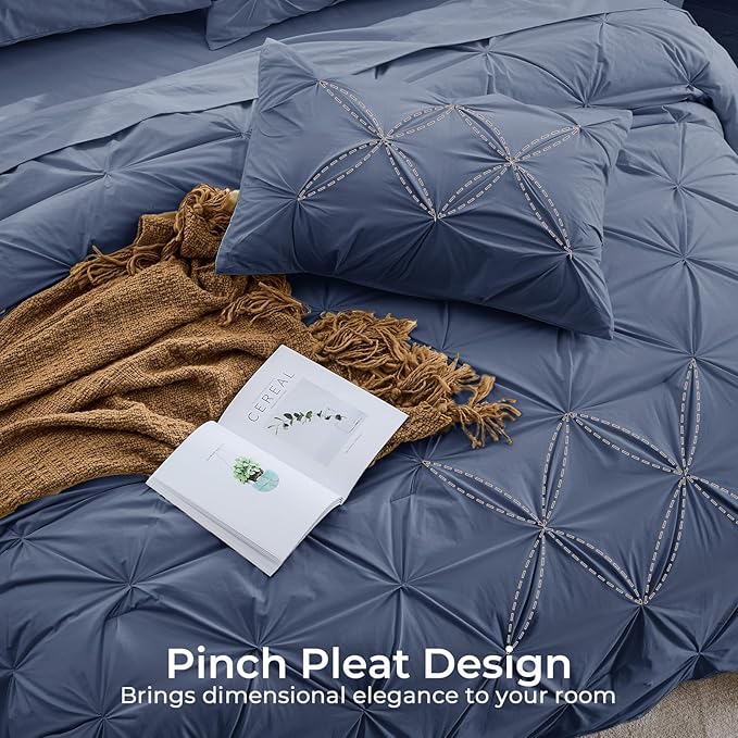 Sasttie Queen Comforter Set, 7-Piece Bed in a Bag, Pintuck Bedding Sets for All Season, Includes Comforter, Flat Sheet, Fitted Sheet, Pillowcases and Pillowshams, Indigo Blue