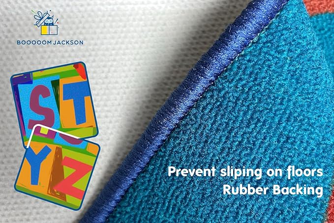 Booooom Jackson ABC Classroom Rug Elementary, Educational Carpet 6’7'’ x 9' Blue Preshool Seating Rug with Alphabet for School, Daycare, Reading Corner, Non-Slip