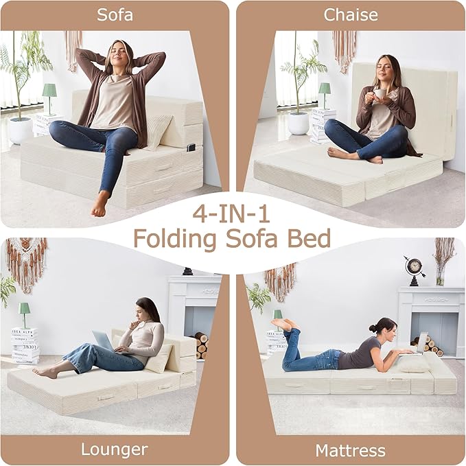 Folding Sofa Bed, 4 in 1 Convertible Sleeper Chair with Pillow, Twin Memory Foam Fold Out Chair Bed, Modern Floor Futon Sofa Couch Mattress for Living Room/Guest/Apartment, Beige