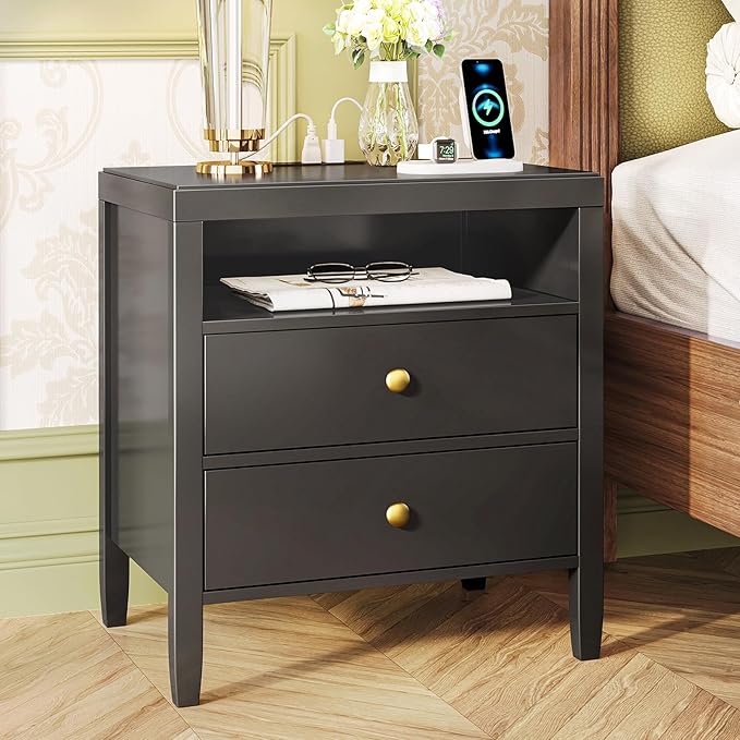 Huuger Black Nightstand Set of 2, Night Stand with Charger Station, Bedside Table with 2 Drawers, Bed Side Tables for Bedroom, Modern Nightstands, Metal Knobs, Painted Surface | with Charger Station, 2 Drawers, Bed Side Tables, for Bedroom, Metal Knobs...