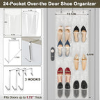 Over The Door Shoe Organizer with 24 Crystal Clear Pockets and Metal Hooks – Heavy Duty Hanging Shoe Storage Rack for Closet, Bathroom, Dorm – Space Saving for Shoes, Accessories, Toys (White)