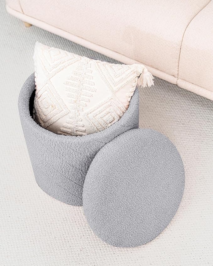 Round Boucle Storage Ottoman with Reversible Wood Tray, 17.7" Sherpa Cylinder Footrest Stool with Storage, Upholstered Folding Ottoman Coffee Table for Living Room Bedroom Dorm, Grey
