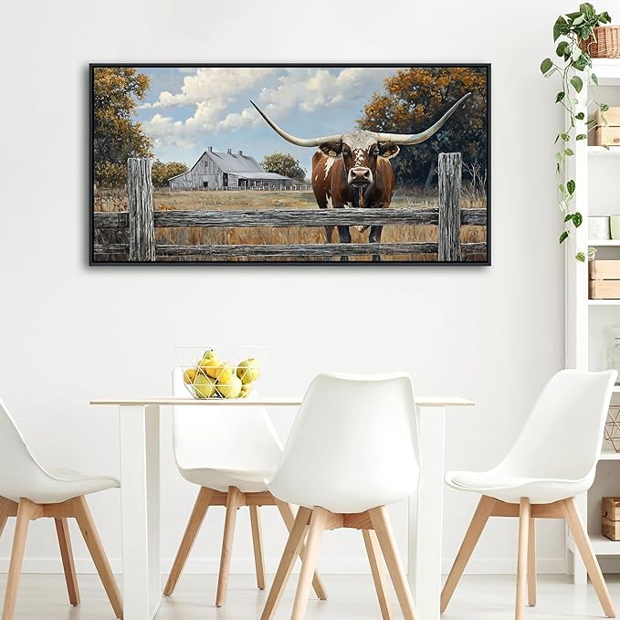 XLSJERST Rustic Wall Art Poster 40x20 Inches - Longhorn Picture Farm Artwork Canvas Picture Brown Cow Wall Decor for Living Room Guest Bath Decoration