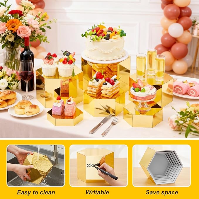 Leinuosen 6 Pcs Large Buffet Risers, 5.5 to 8 Inch Catering Dessert Table Risers Food Decorative Stands with hollow bottom for Catering Supplies, Party(Gold, Hexagonal)