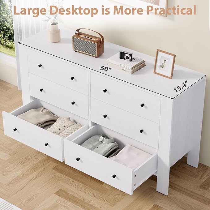 GarveeHome White 6 Drawer Dresser for Bedroom, Modern Wide Dresser Organizer with Storage Drawers, Wooden Chests of Drawers for Bedroom, Entryway, Hallway, Home Office