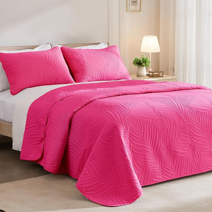 Exclusivo Mezcla King Size Quilt Bedding Set, Lightweight Hot Pink Quilts King Size for All Seasons, Soft Microfiber Bedspreads Coverlets Bed Cover with Leaf Pattern, 3 Piece