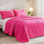 Exclusivo Mezcla California King Quilt Bedding Set, Lightweight Hot Pink Quilts Cal Oversized King Size for All Seasons, Soft Microfiber Bedspreads Coverlets with Leaf Pattern, 3 Piece