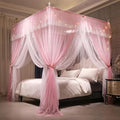 VETHIN 4 Corners Post Ruffle Princess Bed Canopy Curtain-Double Layer Cozy Drape Netting 4 Opening Mosquito Net for Girls Adults Bedroom Decoration (Pink/Whtie,78" W*86" L*82"*H/King)