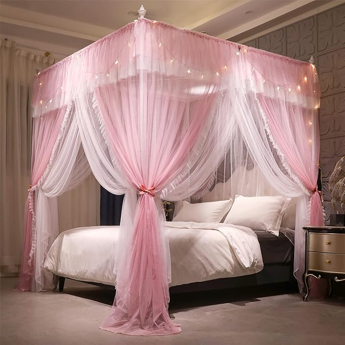 VETHIN 4 Corners Post Ruffle Princess Bed Canopy Curtain-Double Layer Cozy Drape Netting 4 Opening Mosquito Net for Girls Adults Bedroom Decoration (Pink/Whtie,78" W*86" L*82"*H/King)