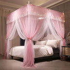 VETHIN 4 Corners Post Ruffle Princess Bed Canopy Curtain-Double Layer Cozy Drape Netting 4 Opening Mosquito Net for Girls Adults Bedroom Decoration (Pink/Whtie, 47" W*78" L*82" H/Twin)