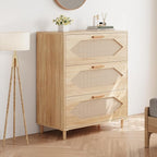 Dressers for Bedroom, 3 Drawer Rattan Dresser with Spacious Storage, Modern Wood Chest of Drawers, Rustic Oak Wooden Nightstand for Bedroom, Living Room, Hallway, Easy Assembly, Closet Organi