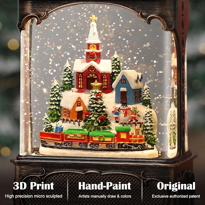 Village Snow Globe Christmas Decorations Gifts Snowman Church Village Scene USB/Battery Timer Music Glitter Snowfall Lantern 10.2 inch