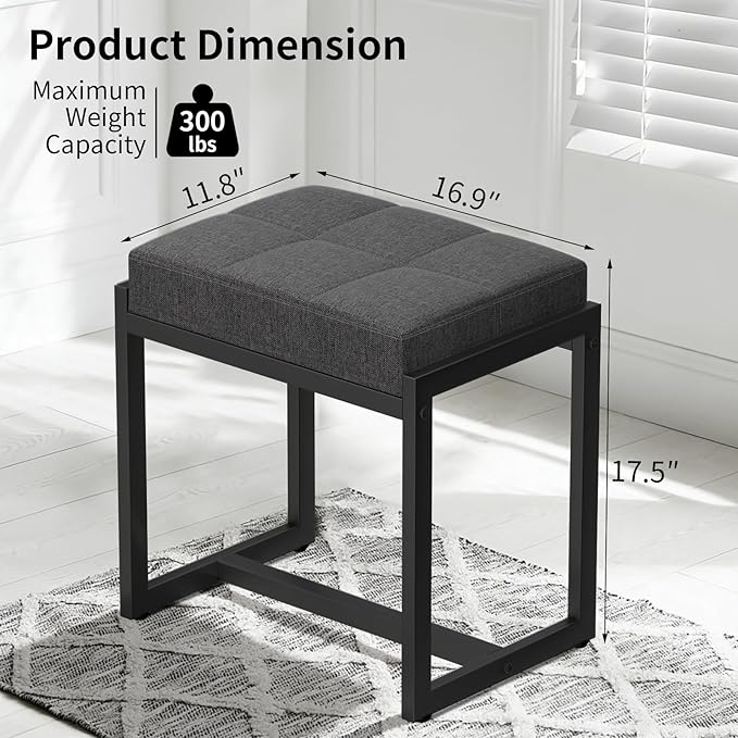 Vanity Stool, Vanity Chair Stools for Makeup Room, Square Linen Makeup Stool for Vanity, Modern Padded Small Ottomans Foot Rest for Bedroom Living Room, Dark Grey&Black
