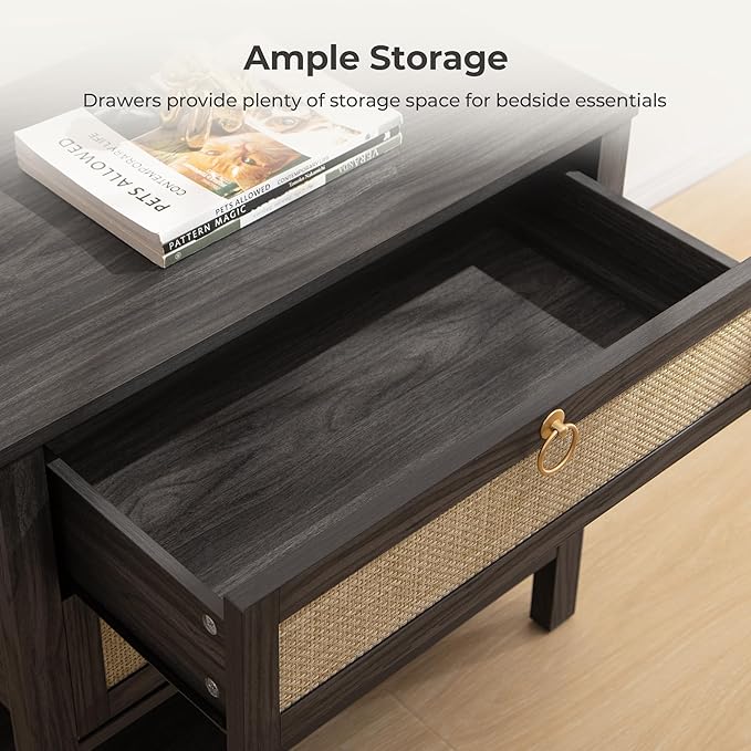 SICOTAS Nightstands Set of 2 for Bedroom, Bedside Tables with Drawer & Open Shelf, Modern Boho Nightstand Set for Master Bedroom