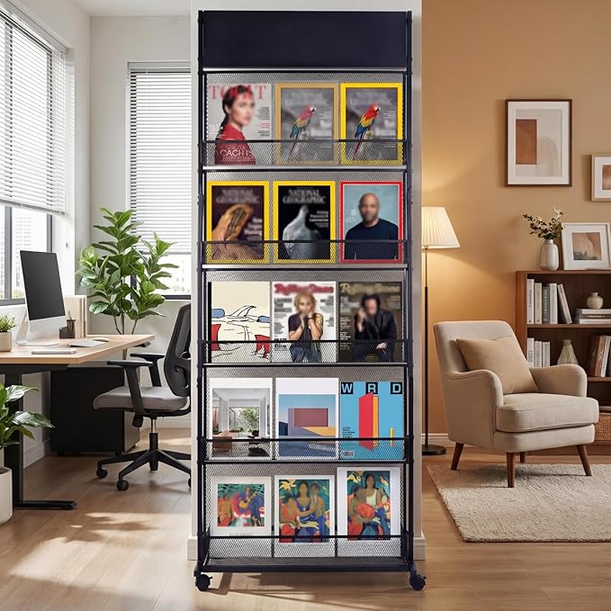 5 Layer Floor Magazine Rack Stand, 70"×27×13.6" Brochure Display Stand with 4 Universal Wheels, Detachable Magazine Display withTop Billboard, for Exhibitions, Shopping Malls, Hospitals, Offices