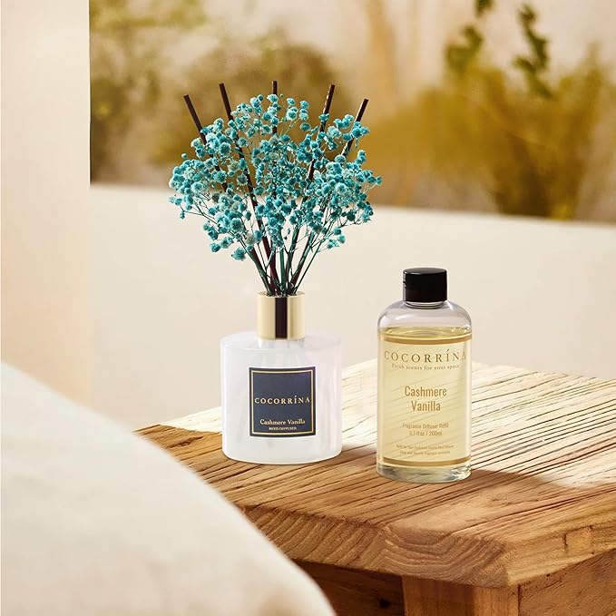 Cocorrína Premium Reed Diffuser Set with Preserved Baby's Breath, Cashmere Vanilla | 6.7 fl oz Reed Diffuser for Bedroom Bathroom Home Décor