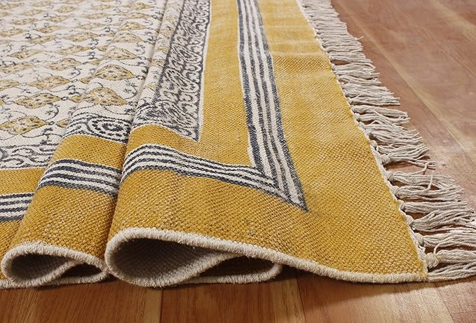 Area Rug 7x10 Kilim Rug Yellow & Beige Cotton Dhurrie Oriental Thick 0.19 inches Stone Easy Washable Rug Hand Wash Cotton Carpet Flatweave Rug Indoor Outdoor Rugs for Living Room, Bedroom
