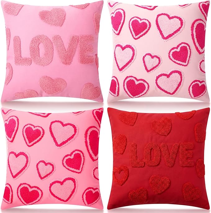 4 Pack Soft Valentines Throw Pillow Covers 18 x 18 Red Heart Square Pillow Covers with Zipper Cute Faux Fur Plush Pillows Cover for Valentines Day Sofa Bedroom Living Room