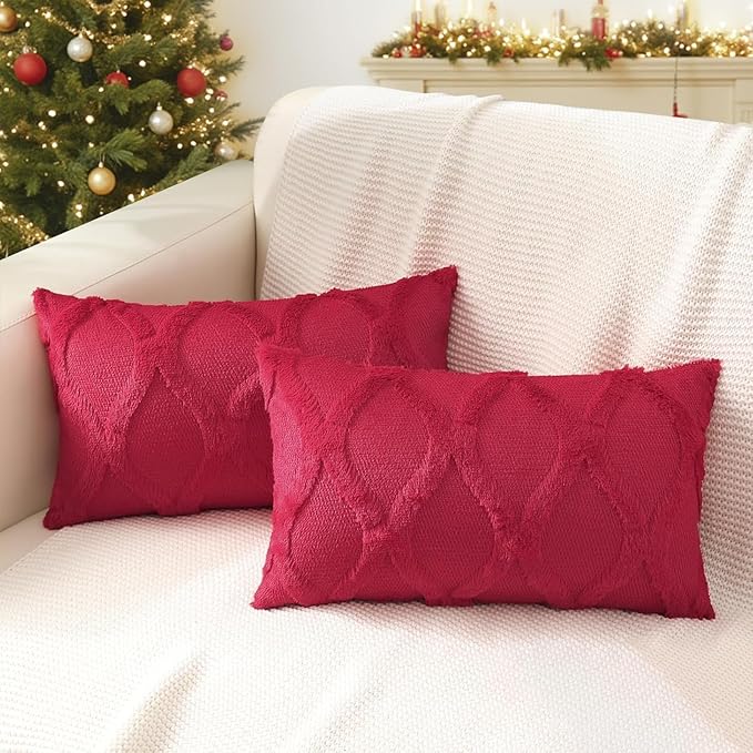 decorUhome Spring Throw Pillow Covers 12x20 Inch Set of 2, Soft Plush Faux Fur Wool Lumbar Red Couch Pillow Covers, Decorative Neutral Pillow Cases for Bed Sofa Living Room Home Decor