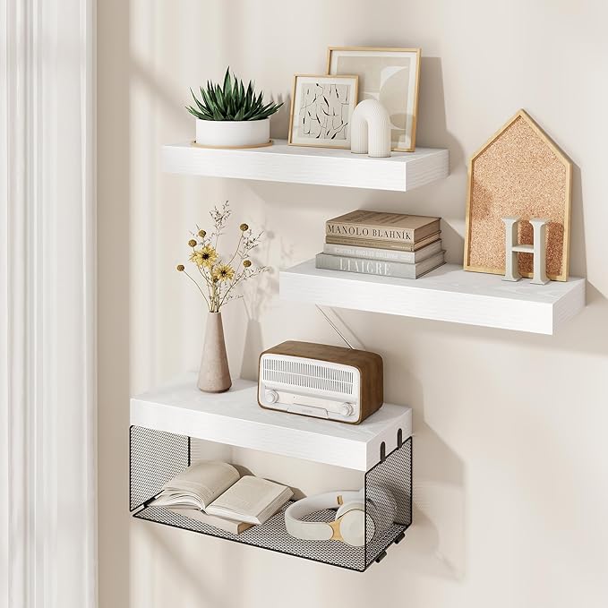 Bathroom Floating Shelf for Wall,16 inch Wall Mounted Floating Shelves Toilet Organizer and Storage,Small Farmhouse Decor Shelf,White,Set of 3