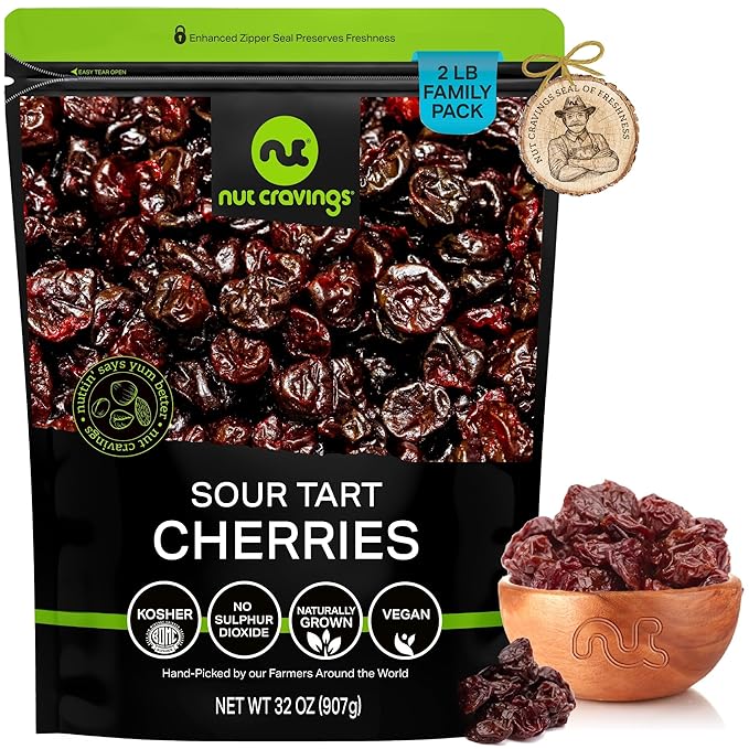 NUT CRAVINGS - Dried Sour Tart Cherries, Lightly Sweetened, Unsulphured (32oz, 2 LB) Tu Bishvat Favorite - Sweet Healthy Snack, Vegan, Kosher, Resealable Bag