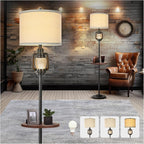 Farmhouse Lantern Floor Lamp with Tray For Living Room with Nightlight Vintage Tall Lamp With Linen Fabric Shade Industrial Standing Lamp For Bedroom Office Home House Study(Bulb Included)
