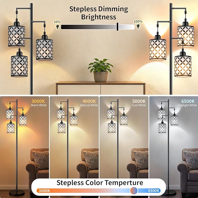 New Upgraded 72" Tall Dimmable Floor Lamp with 3 x 1100LM 12W Bright LED Bulbs, Farmhouse Standing Lamp with Remote Control, Industrial Tree Pole Floor Lamps for Living Room, Bedroom, Office - Black