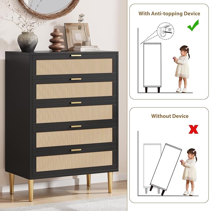 GarveeHome Rattan 5 Drawer Dresser, Modern Chest of Drawers with Gold Legs and Gold Handles, Tall Dresser with Large Tabletop and Anti-Tipping Design for Bedroom Living Room, Black