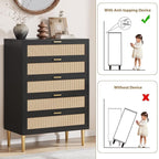 GarveeHome Rattan 5 Drawer Dresser, Modern Chest of Drawers with Gold Legs and Gold Handles, Tall Dresser with Large Tabletop and Anti-Tipping Design for Bedroom Living Room, Black