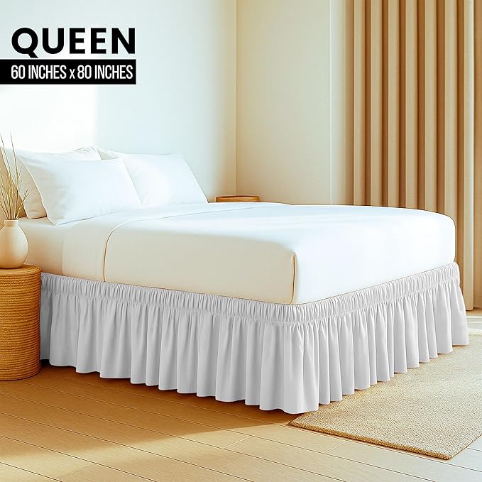 Utopia Bedding Queen Elastic Bed Ruffle - Easy Wrap Around Ruffle - Microfiber Bed Skirt with Adjustable Elastic Belt 16 Inch Tailored Drop - Hotel Quality Bedskirt, Fade Resistant (Queen, White)