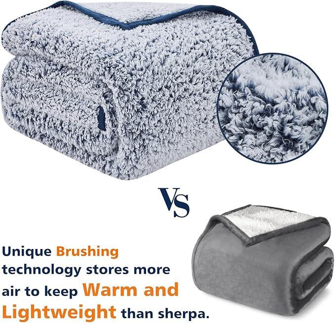 EMME Soft Sherpa Fleece Blanket Reversible Plush Fluffy Large Blanket, Light Weight Warm Decorative Boho Blanket Cover for Sofa, Couch, Bedroom,Travel(Plush Navy,60"x80")
