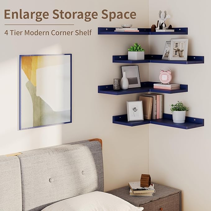 4 Tier Floating Shelves - Navy Blue Set of 4, Rustic Pine Wooden L Shaped Corner Wall Shelf for Wall Decor Storage, Bedroom, Living Room, Bathroom, Kitchen