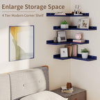 4 Tier Floating Shelves - Navy Blue Set of 4, Rustic Pine Wooden L Shaped Corner Wall Shelf for Wall Decor Storage, Bedroom, Living Room, Bathroom, Kitchen