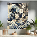 Ambesonne Anime Tapestry Twin Size, Ukiyo-e Style Cultural Art Design with Squama Scales Waves Cherry Blossoms, Wall Hanging Bedspread Bed Cover Wall Decor, 68" X 88", Taupe Beige Dark Blue