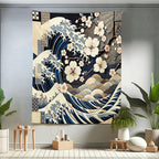 Ambesonne Anime Tapestry Twin Size, Ukiyo-e Style Cultural Art Design with Squama Scales Waves Cherry Blossoms, Wall Hanging Bedspread Bed Cover Wall Decor, 68" X 88", Taupe Beige Dark Blue