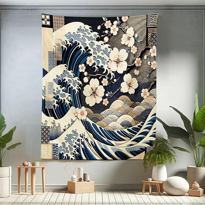 Ambesonne Anime Tapestry Twin Size, Ukiyo-e Style Cultural Art Design with Squama Scales Waves Cherry Blossoms, Wall Hanging Bedspread Bed Cover Wall Decor, 68" X 88", Taupe Beige Dark Blue