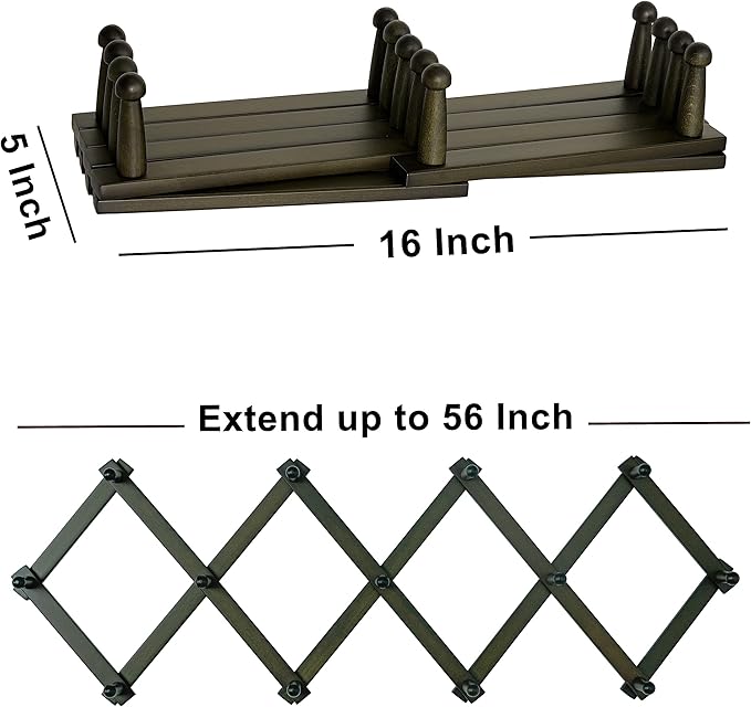 Dseap Accordion Wall Hanger:16'' High Wooden Wall Expandable Coat Rack,Hat Rack Holder,Accordion Hook for Baseball Caps,Coats,13 Peg Hooks,Dark Walnut