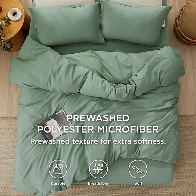 Bedsure Duvet Cover Full Size with Fitted Sheet - 4 Pieces Prewashed Cotton-Like Polyester Extra Soft Bedding Set, Includes 1 Duvet Cover 80x90 Inches, 2 Pillow Shams, 1 Fitted Sheet, Sage Green