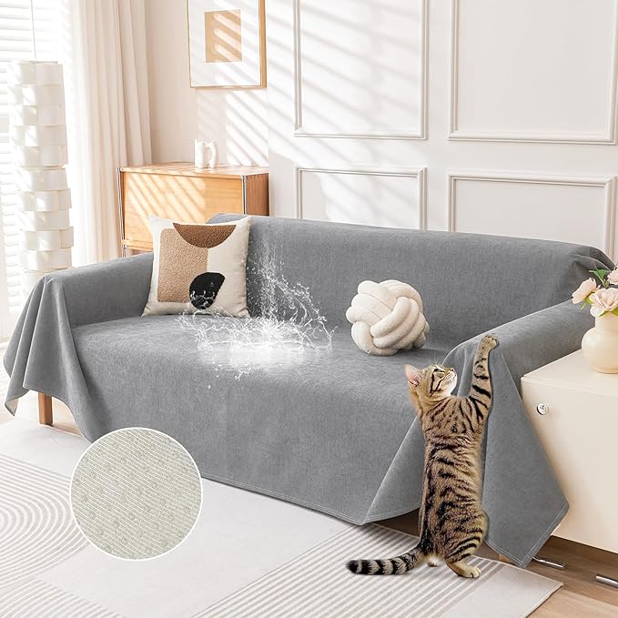 Deep Dream Cat-Scratch Resistant Couch Cover, Waterproof Sofa Cover for 3 Cushion Couch Washable, Pet Friendly Couch Protectors Anti Slip Thickened Sofa Slipcovers for Dogs Pets,91" x 150",Light Grey