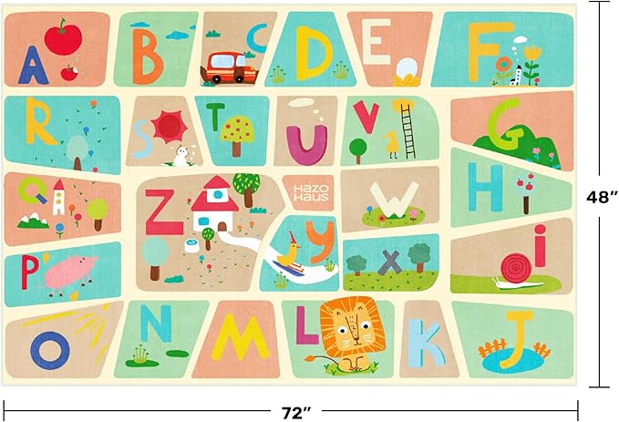 4x6 Preschool Kids Alphabet Rug – Washable ABC Learning Carpet for Toddlers, Educational Playroom Mat with Fun Letters & Illustrations, Soft Nursery Rug for Reading, Craft, or Floor Play