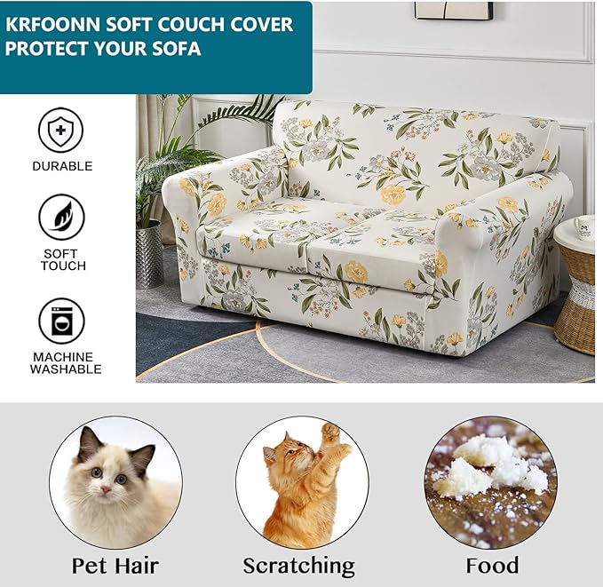 KRFOONN 3 Piece Stretch Sofa Couch Covers for 2 Cushion Couches Printed Sofa Loveseat Slipcover with 2 Separate Seat Cushion Covers Washable Sofa Slip Covers Furniture Protector (Loveseat, 24), Medium